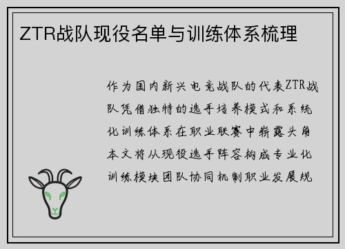 ZTR战队现役名单与训练体系梳理
