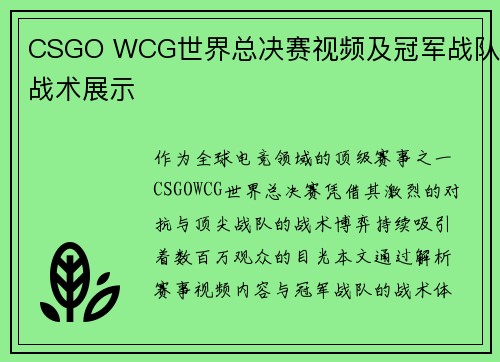 CSGO WCG世界总决赛视频及冠军战队战术展示